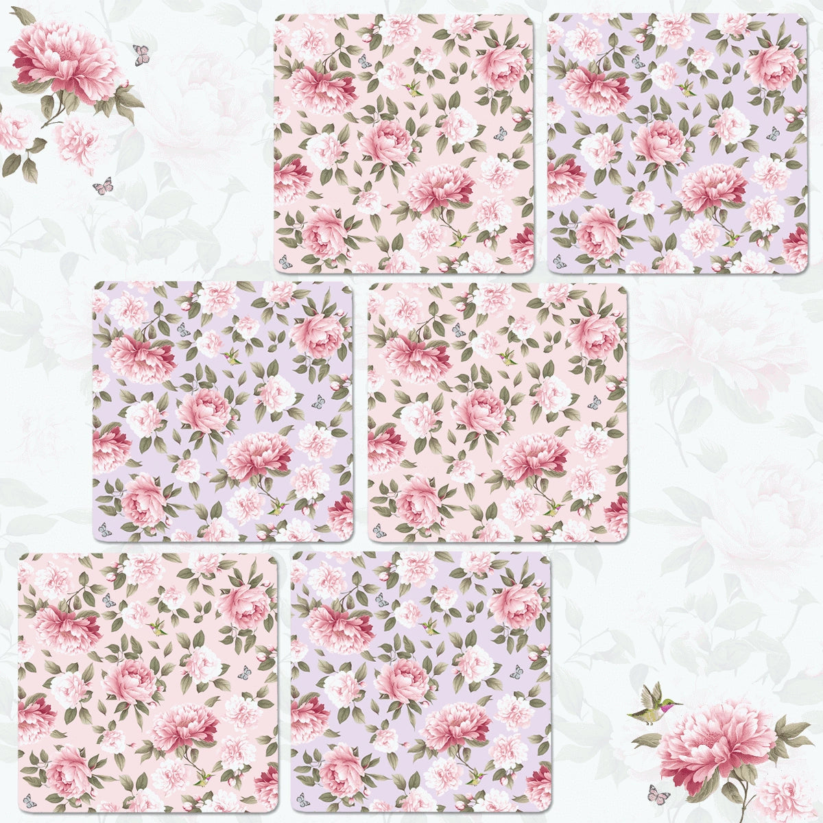 Pink Peonies Coasters | Set of 6 with Stand